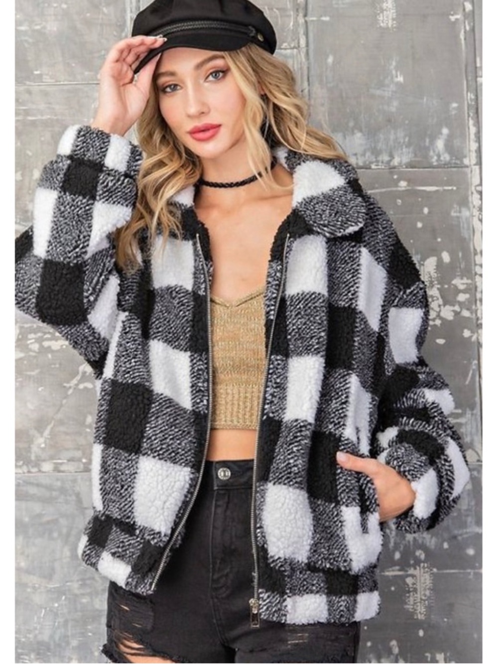 SHEIN Black Grey White Checkered Oversized Teddy Jacket